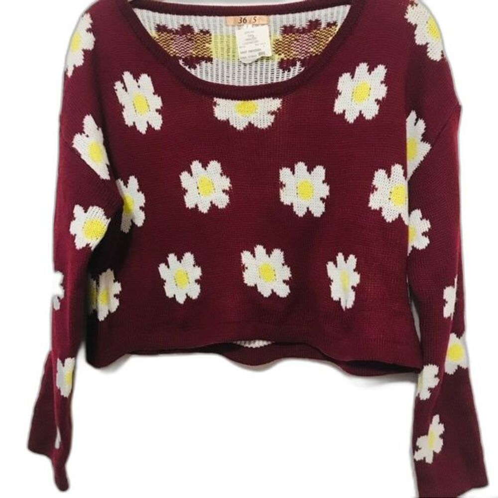 36 point 5 burgundy sweater lightweight daisy crop sweater size L boho hippie